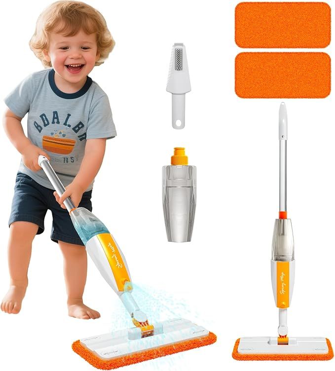 Kids Spray Mop Toddler Cleaning Set with Real Water Sprayer, Microfiber Pads & Scraper