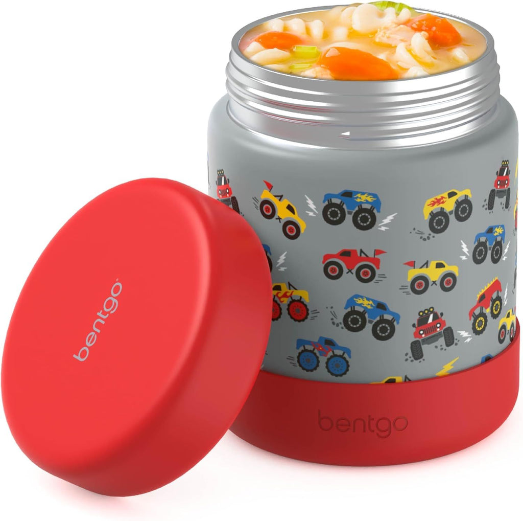 Kids Stainless Steel Food Jar - 11oz Leak-Proof Double Insulated Hot or Cold Food Container with Removable Silicone Bumper, Dishwasher Safe, Easy Open Lid, Ages 3+ (Trucks)
