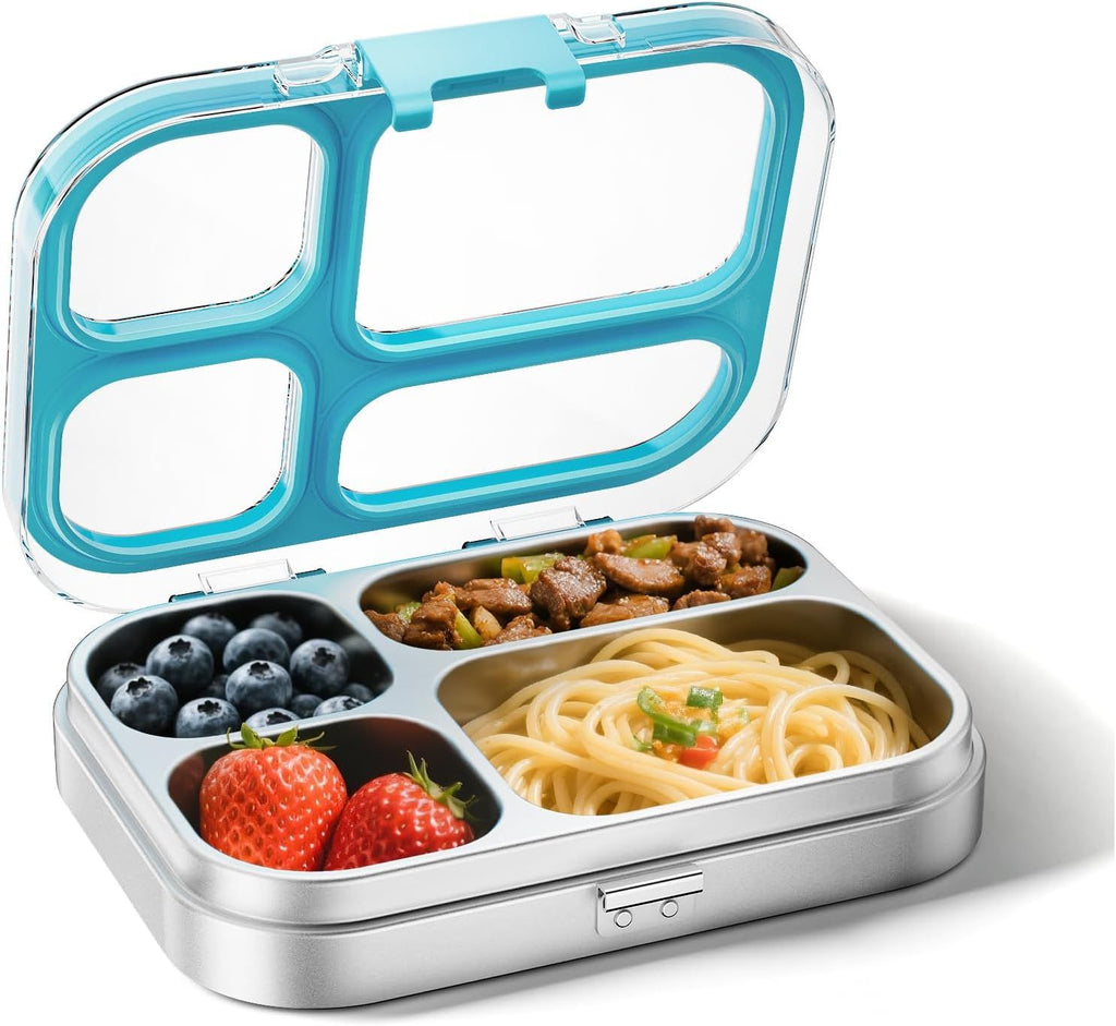 Kids Stainless Steel Lunch Box - 4-Compartment Bento Box with Locking Lid, One-Touch Latch, Leakproof Food Container for School, Travel, 800 ml, Blue