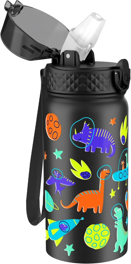Kids Water Bottle (Straw Lid) - 14 Oz Stainless Steel Travel Bottle, Double Wall Vacuum Leak Proof Kids Cup for School Boys Girls,Space dinosaur