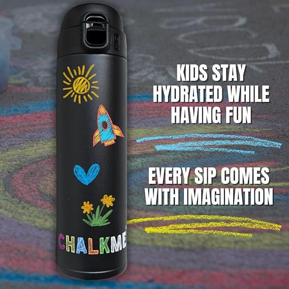 Kids Water Bottle Vacuum Insulated Stainless Steel with Washable Chalk Markers, for Travel, School, Stocking Stuffers, Christmas Gifts for Kids Girls & Boys, 16 oz