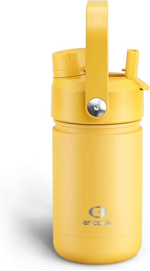 Kids Water Bottle with Straw - 12oz Stainless Steel Water Bottle with Dual Spouts, Leak-Proof, BPA-Free, Double Wall Vacuum Keeps Cold for 24 Hours for Sports, Travel, School (Elfin Yellow)