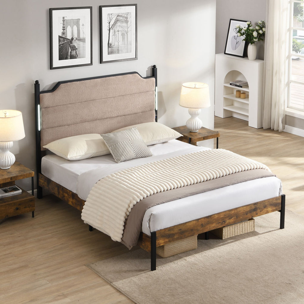 King Bed Frame , Upholstered headboard with Charging and Touch sensitive LED Lights, Under Bed Storage, No Box Spring Needed, Noise Free