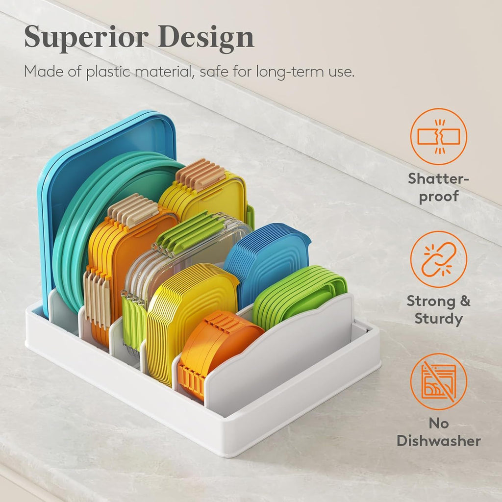 Kitchen Cabinet Organizer for Food Contanier Lid, Lid Holder with 6 Adjustable Dividers & 7 Sections for Pantry Organizers and Storage, Home Drawer Organization, Large, 13" x 10"