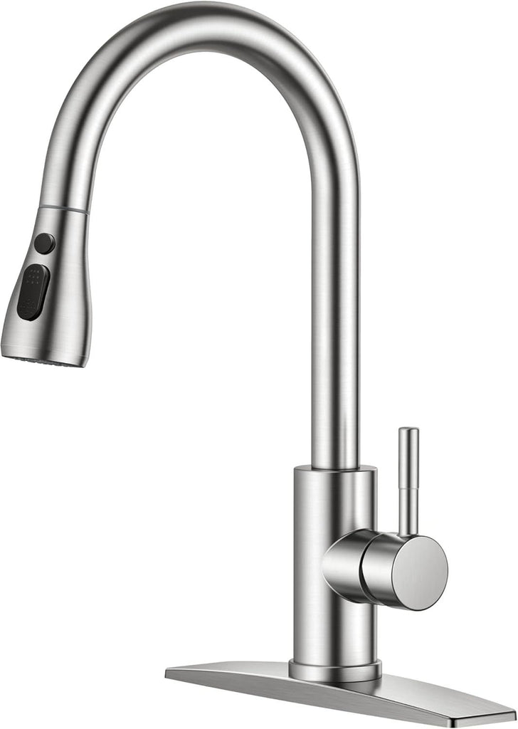 Kitchen Faucets with Pull Down Sprayer, Brushed Nickel, High Arc Single Handle Classic Stainless Steel Sink Faucet 1 or 3 Hole, Suitable for Farmhouse Camper Laundry Rv Bar