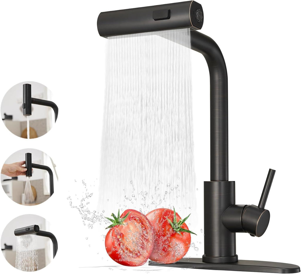 Kitchen Faucets with Pull Down Sprayer,Waterfall Kitchen Sink Faucet,Commercial Utility Stainless Steel Kitchen Faucets,Single Handle Kitchen Sink Faucet with Pull Down Sprayer for 3 Function,ORB