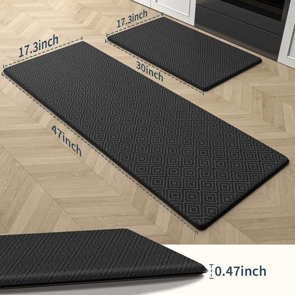 Kitchen Mat 2PCS Kitchen Rugs Cushioned Anti-Fatigue Rug Waterproof Standing Desk Mat Kitchen Mats for Floor Kitchen Rug Set for Kitchen, Sink, Office 17.3"×30"+17.3"×47"-0.47inch Black
