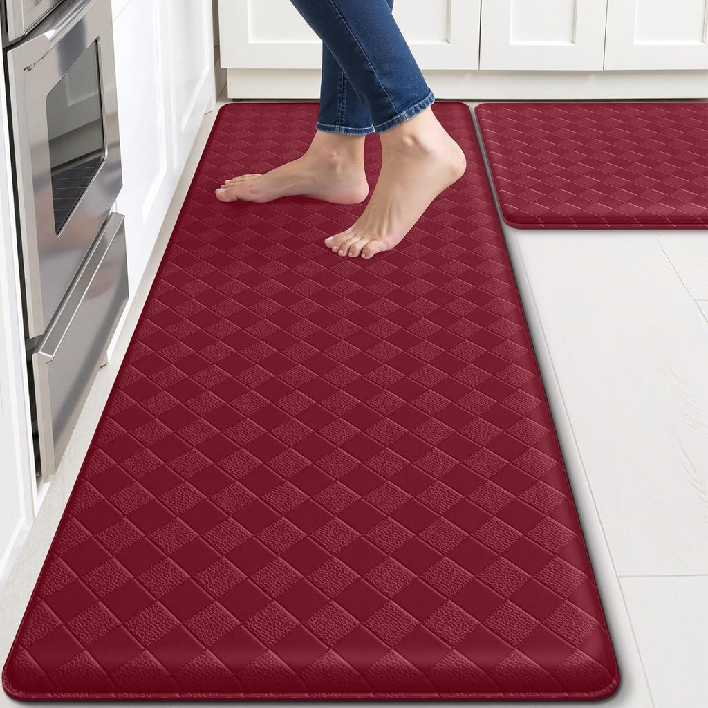 Kitchen Mats, 2PCS Kitchen Rugs, Cushioned Anti Fatigue Kitchen Mats for Floor, Non-Slip Standing Desk Mat, Waterproof Kitchen Rug Set for Kitchen, Floor, Office,17.3"×30"+17.3"×47",Red