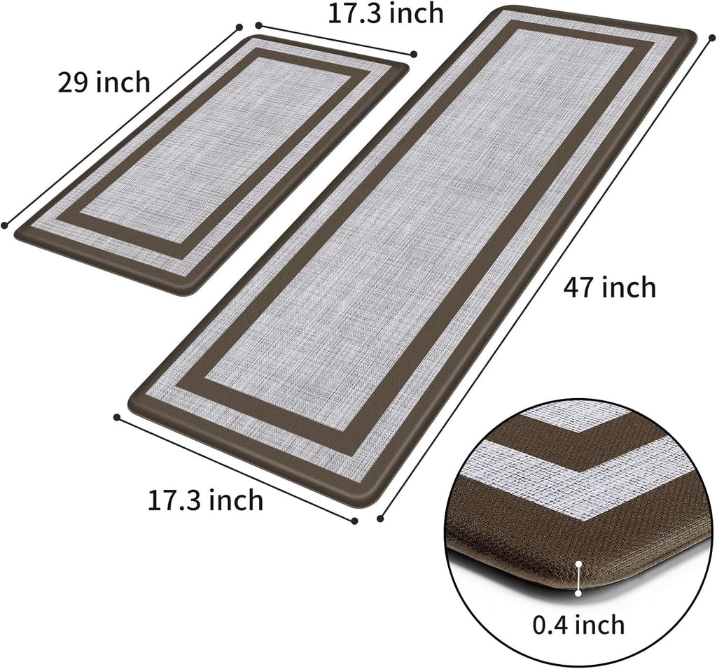 Kitchen Mats, 2PCS Kitchen Rugs, Cushioned Anti Fatigue Kitchen Mats for Floor, Non-Slip Standing Sink Mat, Waterproof Kitchen Rug Set for Kitchen Floor Office,17.3"×30"+17.3"×47" Brown
