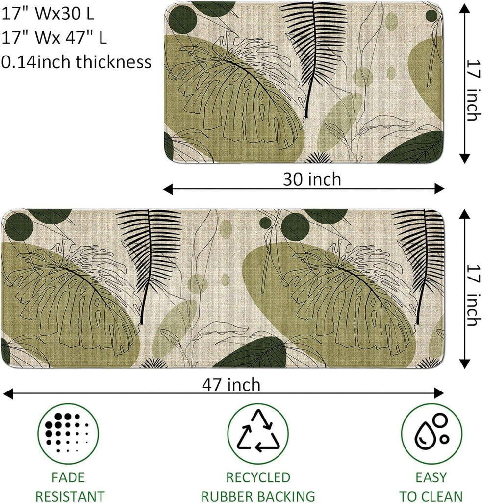 Kitchen Mats and Rugs Non Skid Washable 2 Pieces Natural Rubber Boho Kitchen Mats for Floor Runner Rugs Standing Mat Set (17" Wx30 L+17" Wx 47" L Palm Tree Leaves)