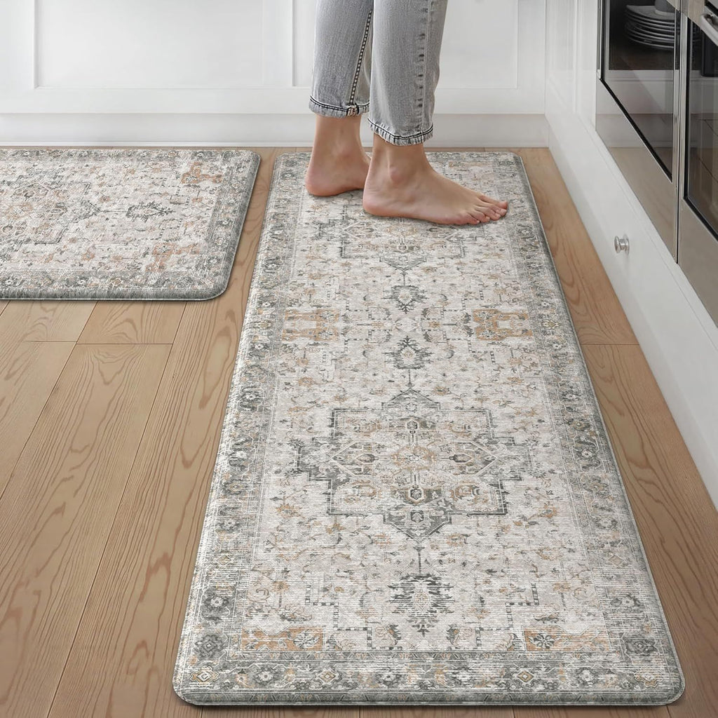 Kitchen Mats for Floor 2PCs, Washable Anti Fatigue Mat for Cushioned, 17.3"x47"+17.3"x30", Waterproof Kitchen Rugs, Non Slip Comfort Standing Mat Rug for Home, Sink, Laundry, LightTaupeBrown
