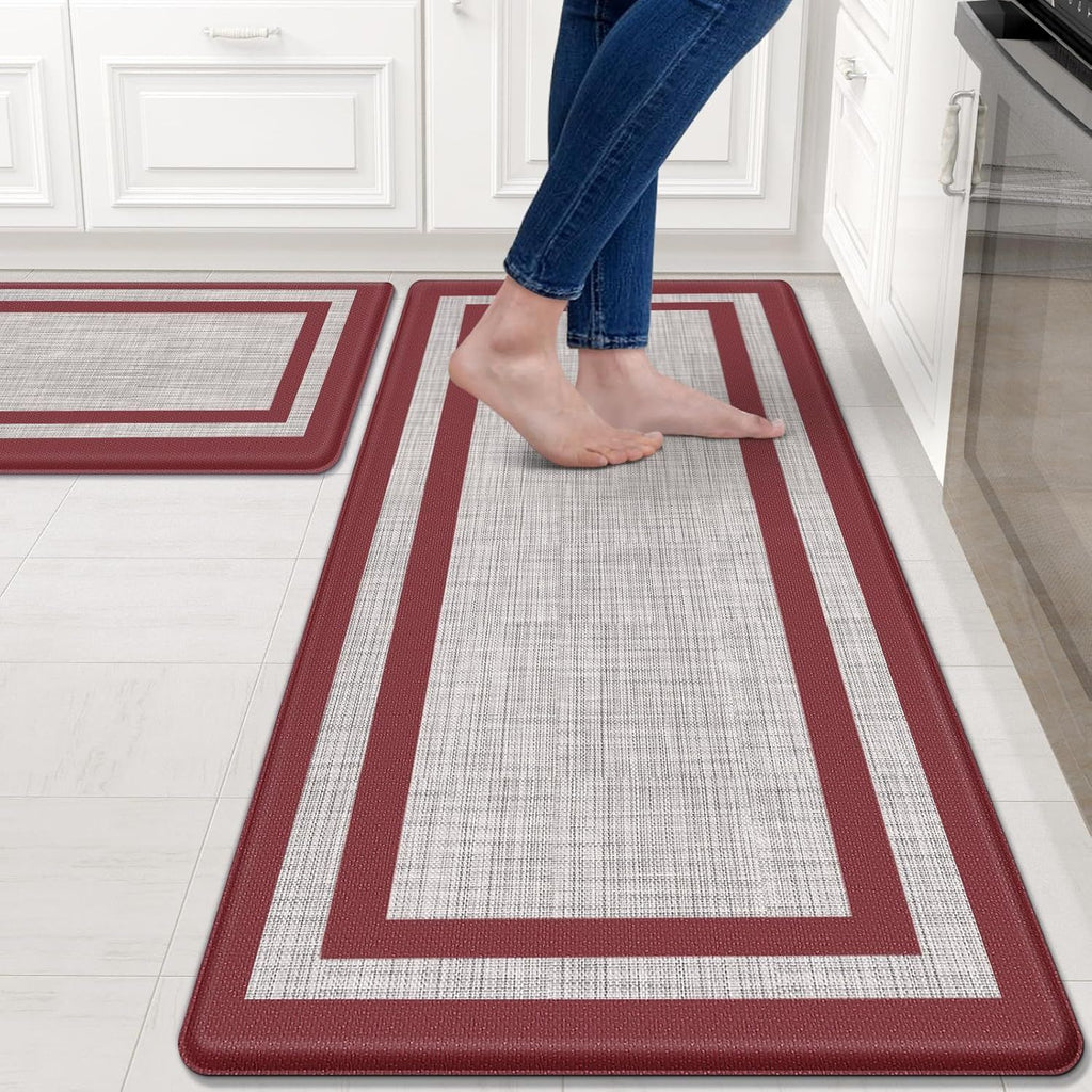 Kitchen Mats Set of 2 Cushioned Anti-Fatigue Non-Skid Rug Sets Ergonomic Comfort Standing Mat for Kitchen, Floor, Office, Sink, Laundry,Red