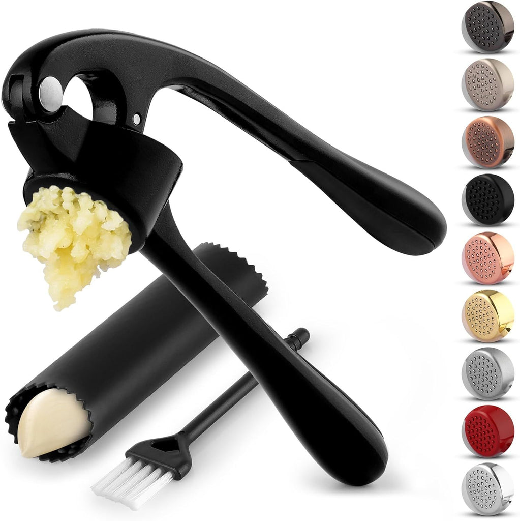 Kitchen Premium Garlic Press Set - Rust Proof Professional Garlic Mincer Tool - Easy-Squeeze, Easy-Clean with Soft, Ergonomic Handle - Silicone Garlic Peeler & Brush (Black)