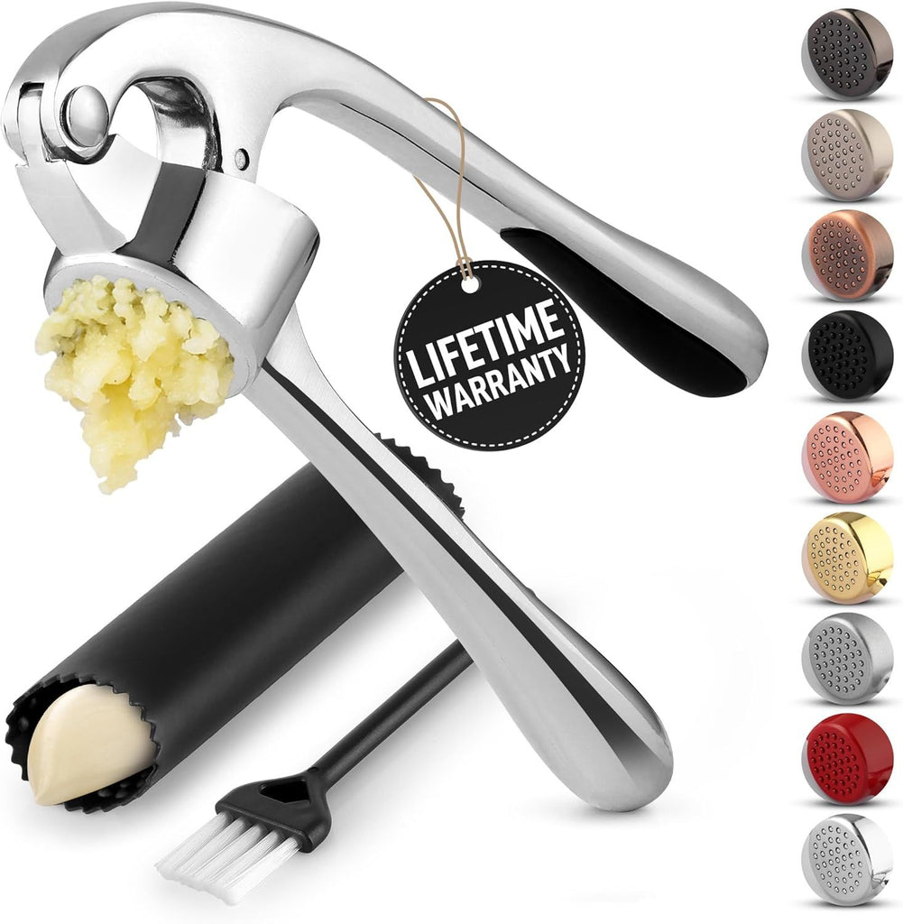 Kitchen Premium Garlic Press Set - Rust Proof Professional Garlic Mincer Tool - Easy-Squeeze, Easy-Clean with Soft, Ergonomic Handle - Silicone Garlic Peeler & Brush (Chrome)