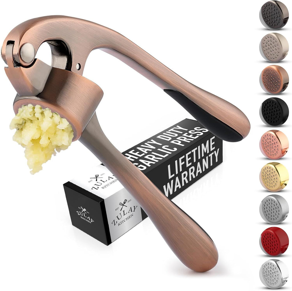 Kitchen Premium Garlic Press Set - Rust Proof Professional Garlic Mincer Tool - Easy-Squeeze, Easy-Clean with Soft, Ergonomic Handle - Silicone Garlic Peeler & Brush (Copper)