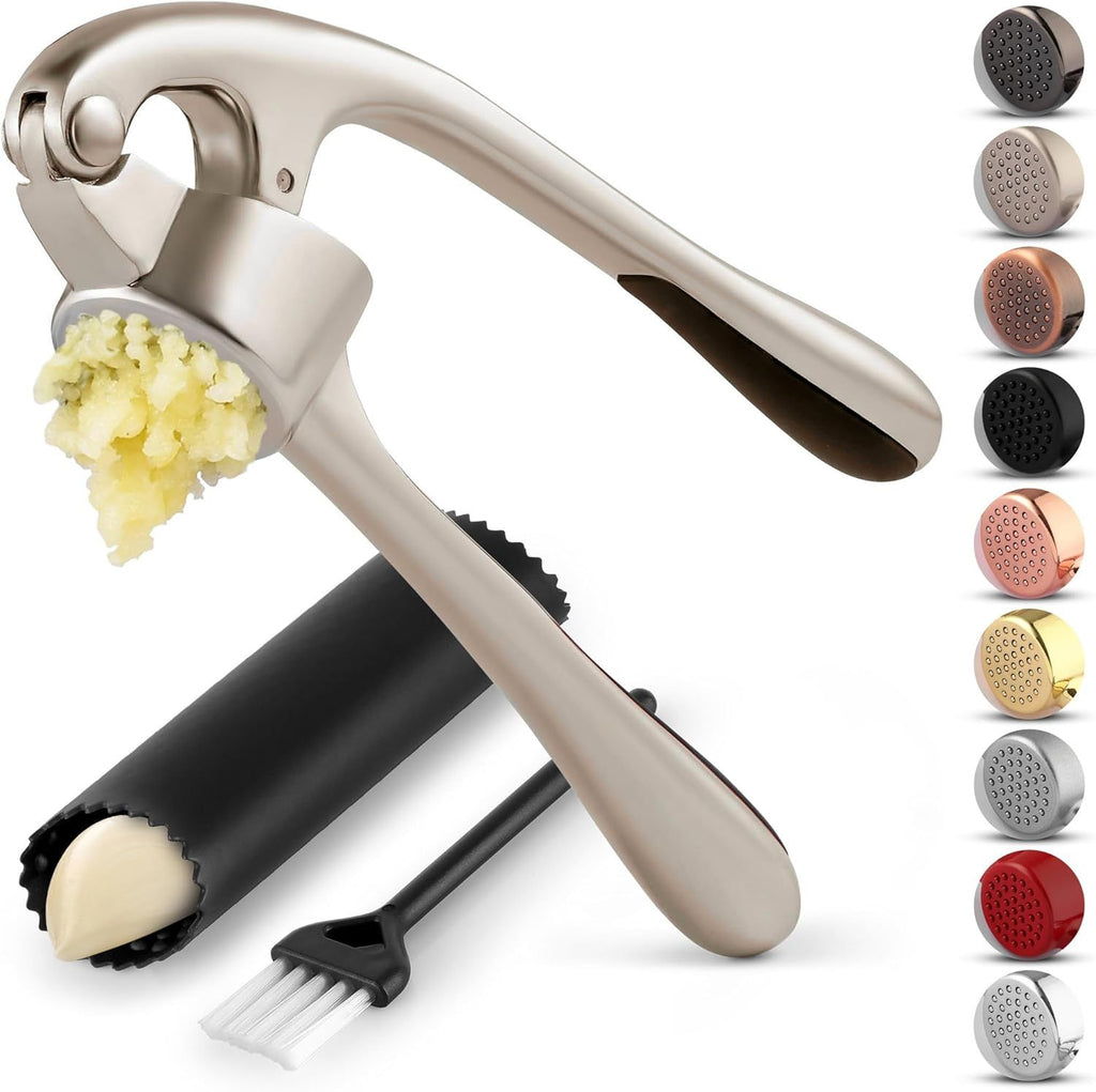 Kitchen Premium Garlic Press Set - Rust Proof Professional Garlic Mincer Tool - Easy-Squeeze, Easy-Clean with Soft, Ergonomic Handle - Silicone Garlic Peeler & Brush (Silver)