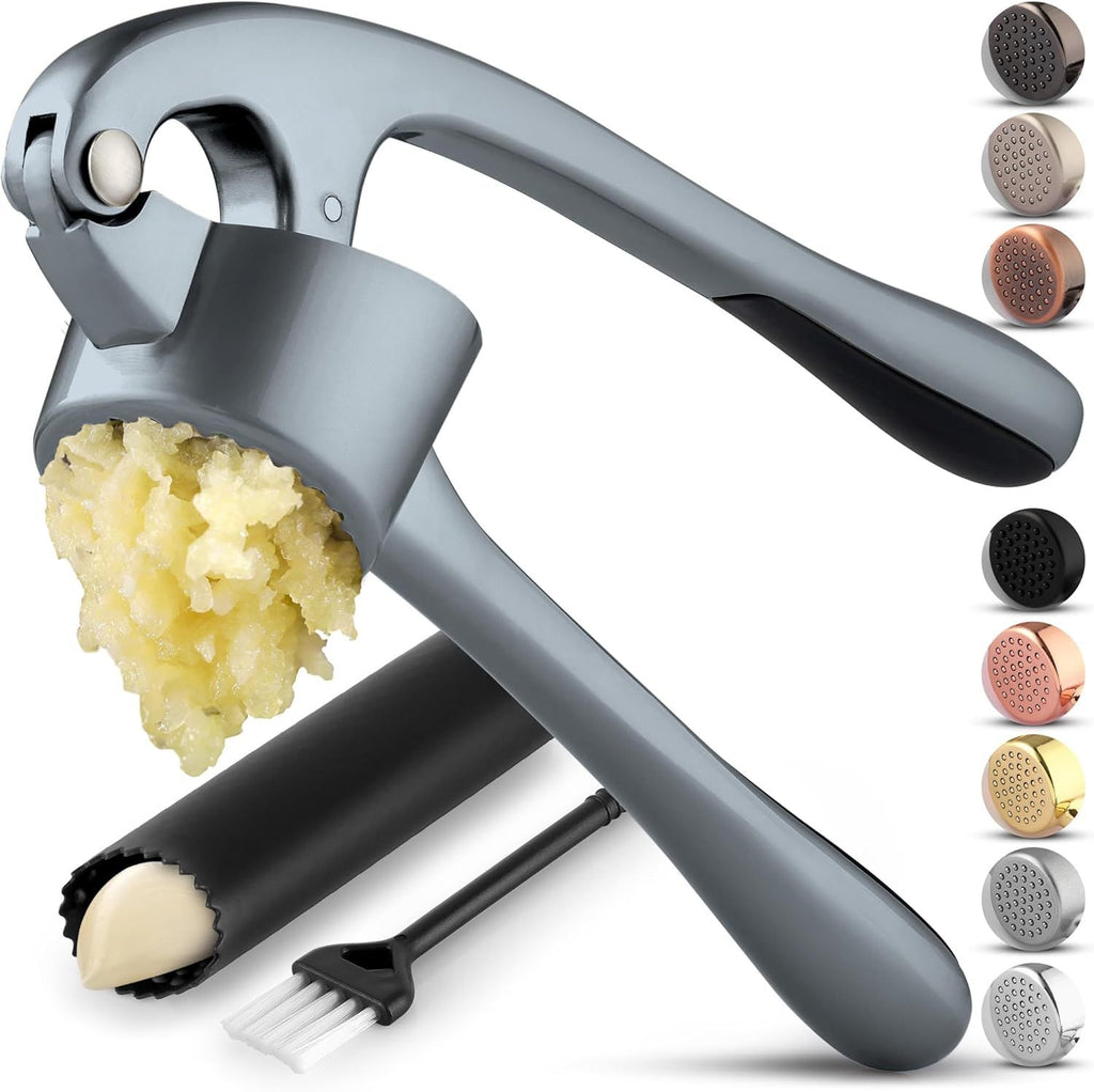 Kitchen Premium Garlic Press Set - Rust Proof Professional Garlic Mincer Tool - Easy-Squeeze, Easy-Clean with Soft, Ergonomic Handle - Silicone Garlic Peeler & Brush (Slate)