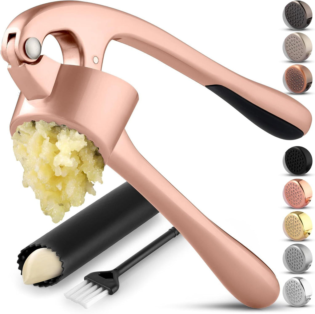 Kitchen Premium Garlic Press Set - Rust Proof Professional Garlic Mincer Tool - Easy-Squeeze, Easy-Clean with Soft Handle - Silicone Garlic Peeler & Brush (Rose Gold)
