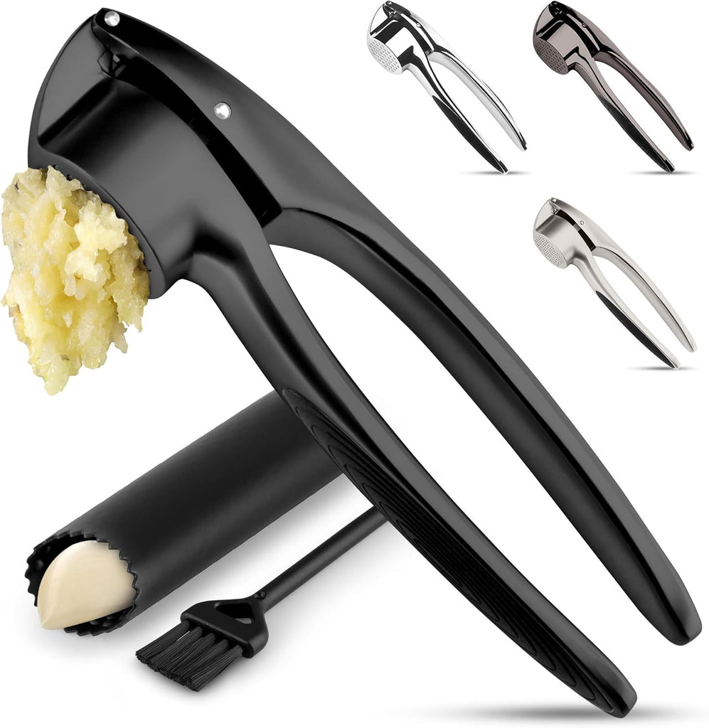 Kitchen Premium Garlic Press Set – Rust Proof & Dishwasher Safe Garlic Mincer Tool with Silicone Garlic Peeler & Brush, Easy Squeeze & Clean, Ergonomic Soft Grip Handle - Medium – Black