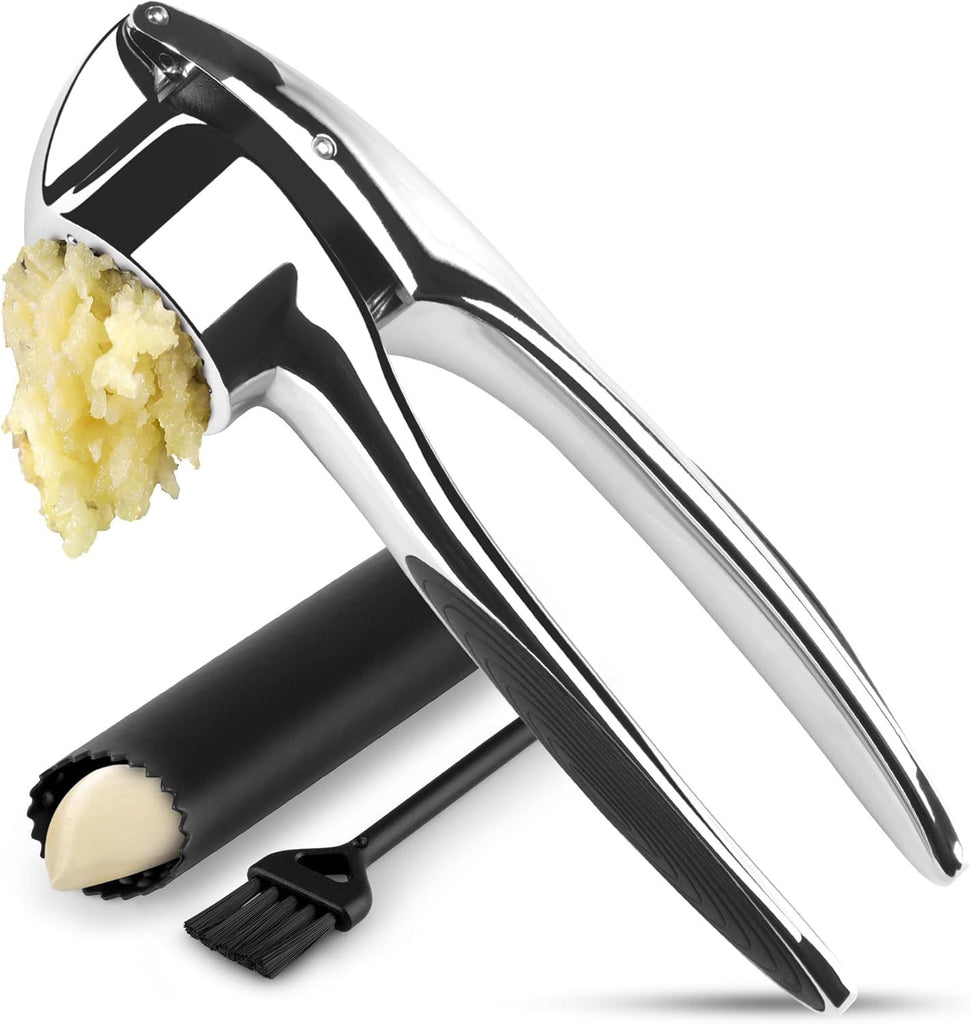 Kitchen Premium Garlic Press Set – Rust Proof & Dishwasher Safe Garlic Mincer Tool with Silicone Garlic Peeler & Brush, Easy Squeeze & Clean, Ergonomic Soft Grip Handle - Medium – Chrome