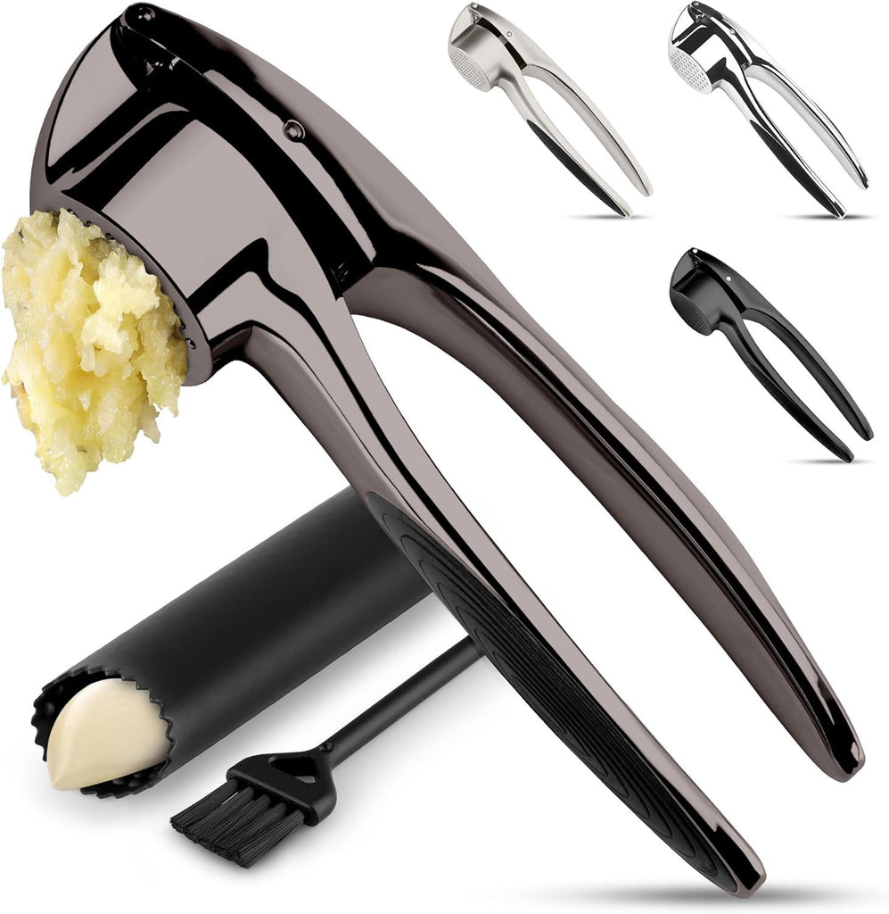 Kitchen Premium Garlic Press Set – Rust Proof & Dishwasher Safe Garlic Mincer Tool with Silicone Garlic Peeler & Brush, Easy Squeeze & Clean, Ergonomic Soft Grip Handle - Medium – Dark Gray
