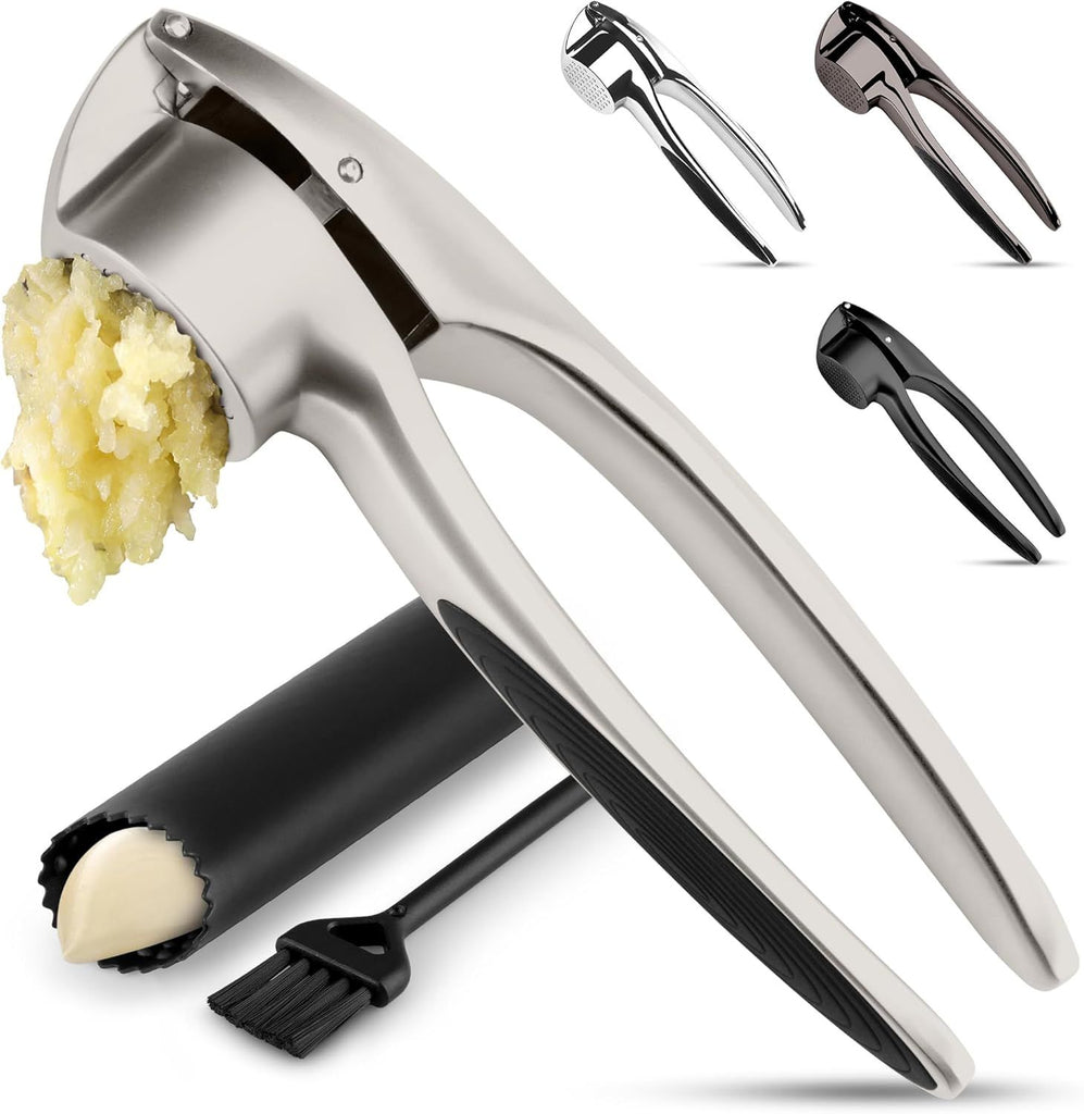 Kitchen Premium Garlic Press Set – Rust Proof & Dishwasher Safe Garlic Mincer Tool with Silicone Garlic Peeler & Brush, Easy Squeeze & Clean, Ergonomic Soft Grip Handle - Medium – Silver