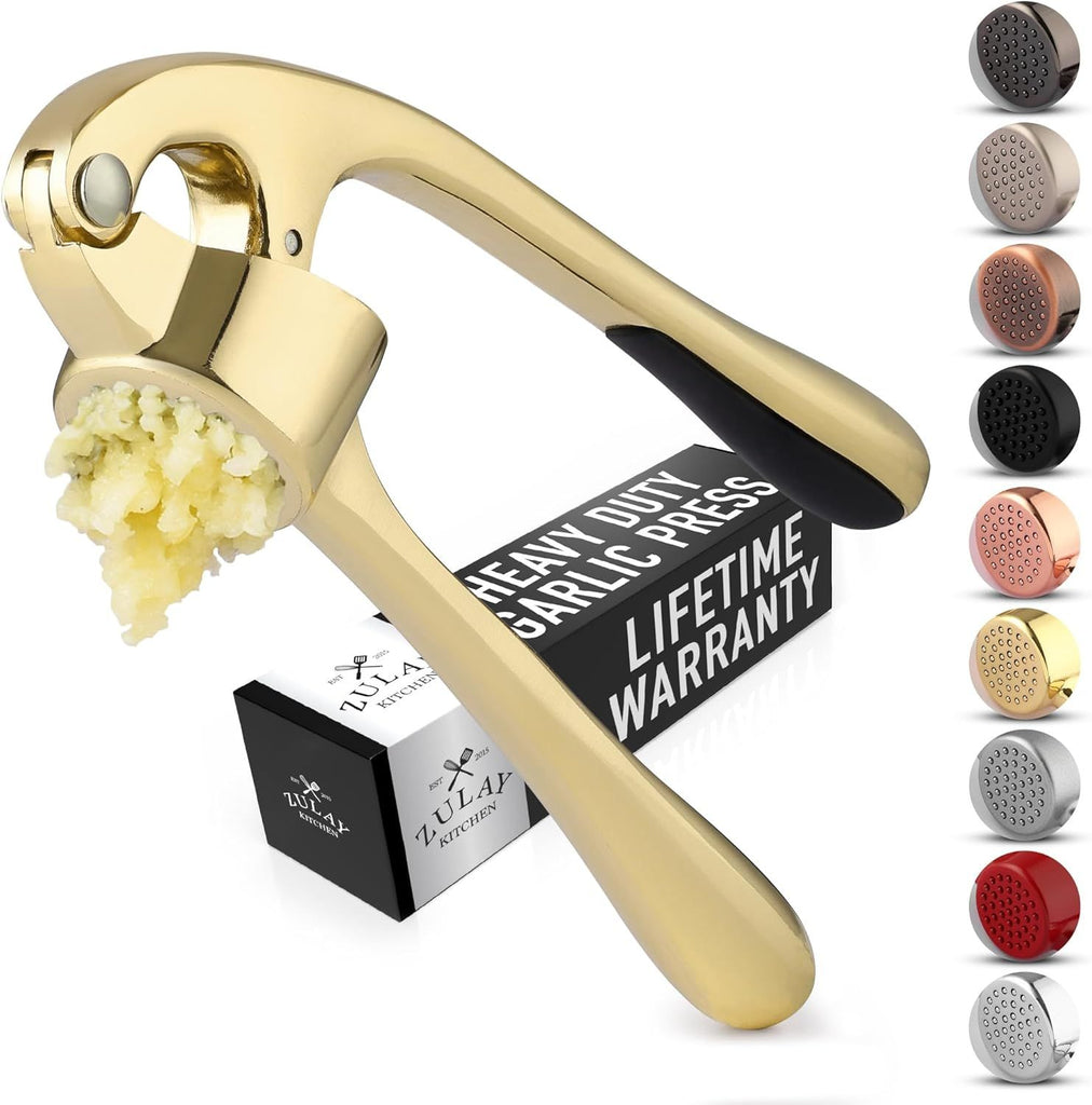 Kitchen Premium Garlic Press with Soft, Easy to Squeeze Handle - Includes Silicone Garlic Peeler & Cleaning Brush - 3 Piece Garlic Mincer Tool - Sturdy Easy to Clean Garlic Crusher (Gold)