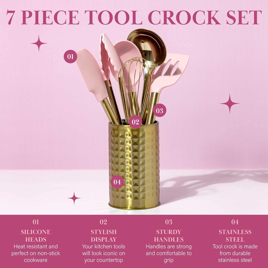 Kitchen Set Tool Crock with Silicone Cooking Utensils, Stainless Steel Whisk and Ladle, 7-Piece, Pink and Gold