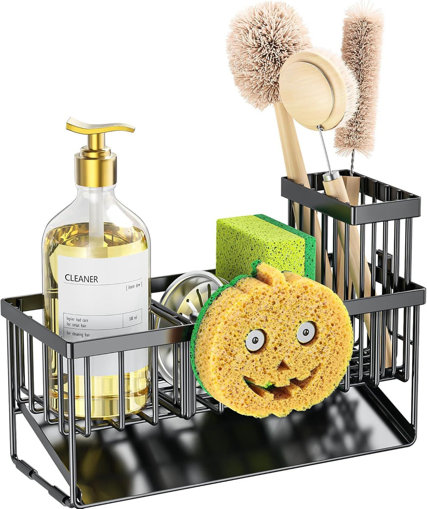 Kitchen Sink Caddy Organzier with High Brush Holder, Sponge Holder for Sink, 304 Rustproof Stainless, Kitchen Countertop Soap Dispenser Organizer (Black With Smiley Face Holder, 9.25″)