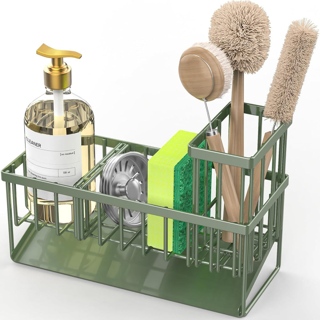 Kitchen Sink Caddy, Sponge Holder for Kitchen Sink, Kitchen Sink Organzier and Storage with High Brush Holder, 304 Stainless Gadgets Sink Accessories, Organizadores de Cocina Sage Green