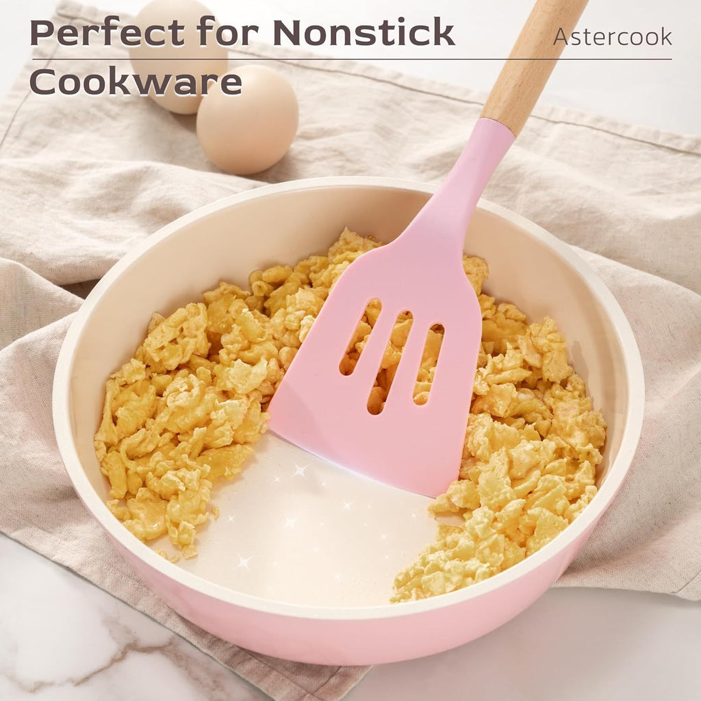 Kitchen Utensils set, 39 PCS Silicone Cooking Utensils Set with Wooden Handle, 446°F Heat Resistant Food Grade Utensil Sets, BPA Free Kitchen Gadgets Tools Set for Nonstick Cookware (Pink)