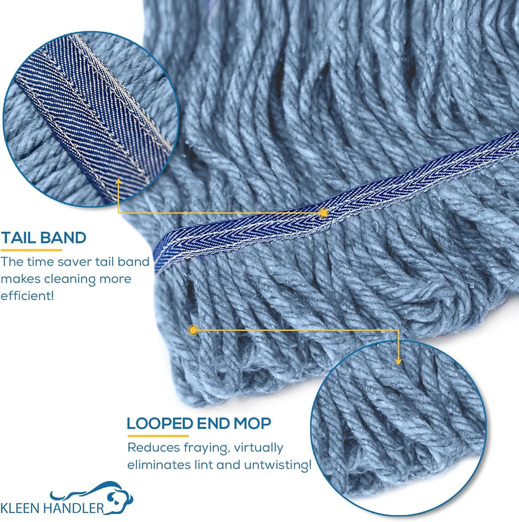 KLEEN HANDLER General Cleaning Mop Heavy Duty Commercial Replacement, Wet Industrial Blue Cotton Looped End String Head Refill (Pack of 3)