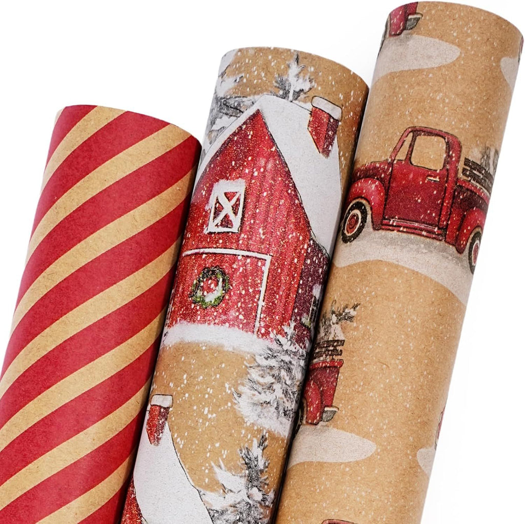 Kraft Christmas Wrapping Paper Rolls - Vintage Trucks/Wooden House/Stripes Design for Holiday, Party, Congrats - 17" x10' Per Roll (3 Rolls, 42 sq.ft. ttl.)
