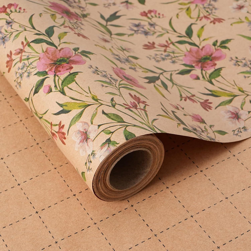 Kraft Floral Wrapping Paper Roll - Pink and Purple Floral Design, 17 Inches x 16.5 Feet, Gift Wrap for Wedding, Bridal Shower, Birthday, Mother's Day, Cut Lines on Back