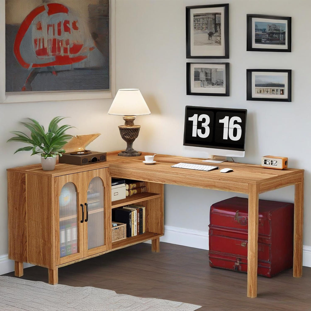 L-Shaped Desk with File Cabinet, 59-Inch Executive Office Desk with Storage Shelves, Study Writing Desk Farmhouse Corner Computer Desk