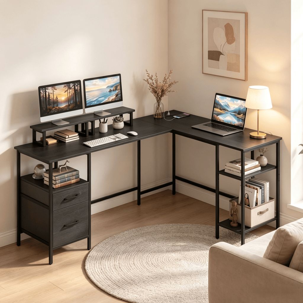 L Shaped Desk with Power Outlet Reversible Computer Desk with Monitor Stands for Home Office Use