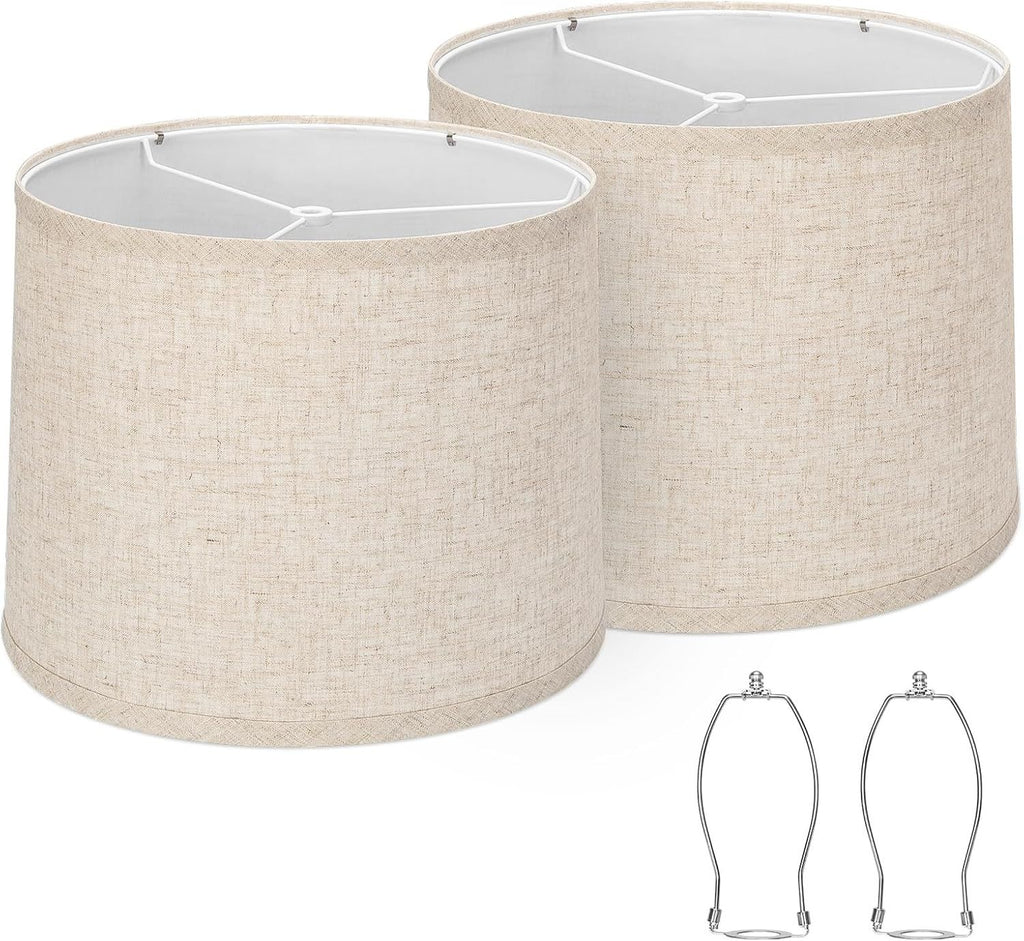 Lampshades Set of 2, Drum Lampshades 11.6" Top x 12.6" Bottom x 9.8" High, Seaside village Medium Lampshades (Spider Fitter), Beige Lampshades Natural Linen Hand Crafted, Easy Assembly Required