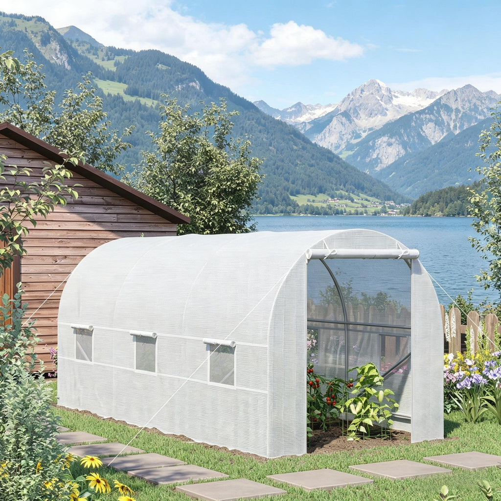 Large 15' X 7' X 7' Walk-In Tunnel Greenhouse Kit with 6 Roll-up Windows & Roll up Door Steel Frame White for Garden Hot House