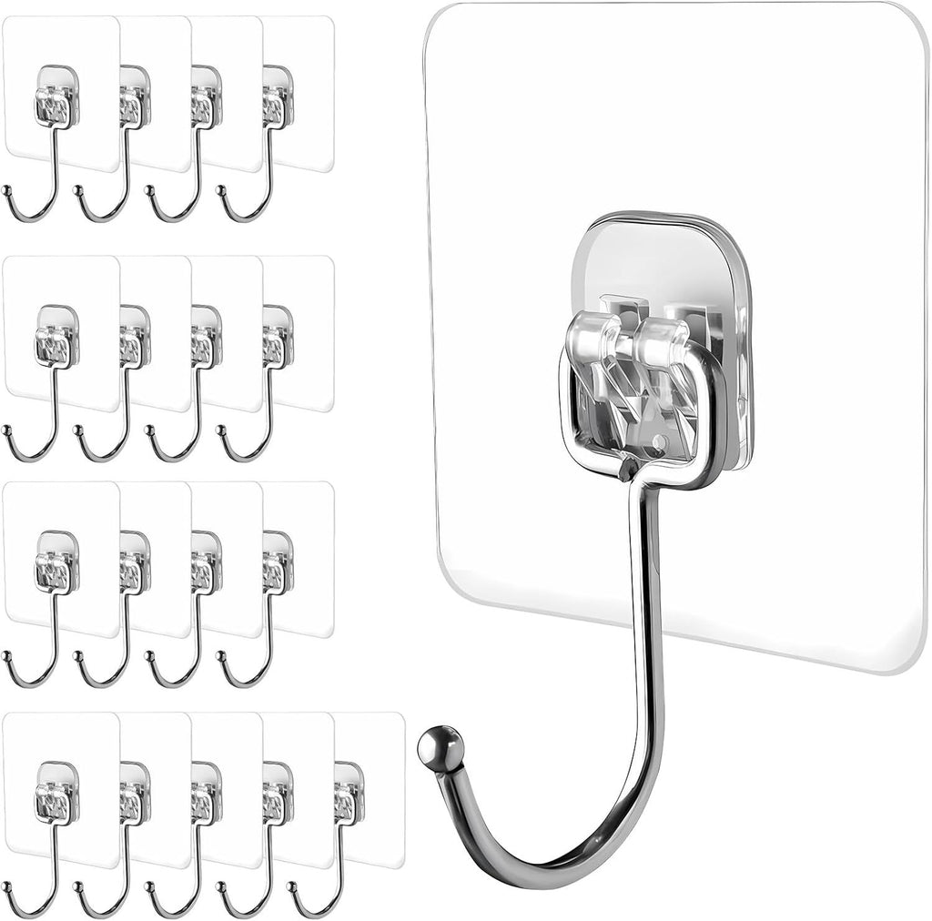 Large Adhesive Hooks, 18-Pack Hold 44lb(Max) Heavy Duty Sticky Hooks,Waterproof & Rustproof Wall Hook for Hanging Can be Use Kitchen Bathroom Outdoor Ceiling Office, Transparent