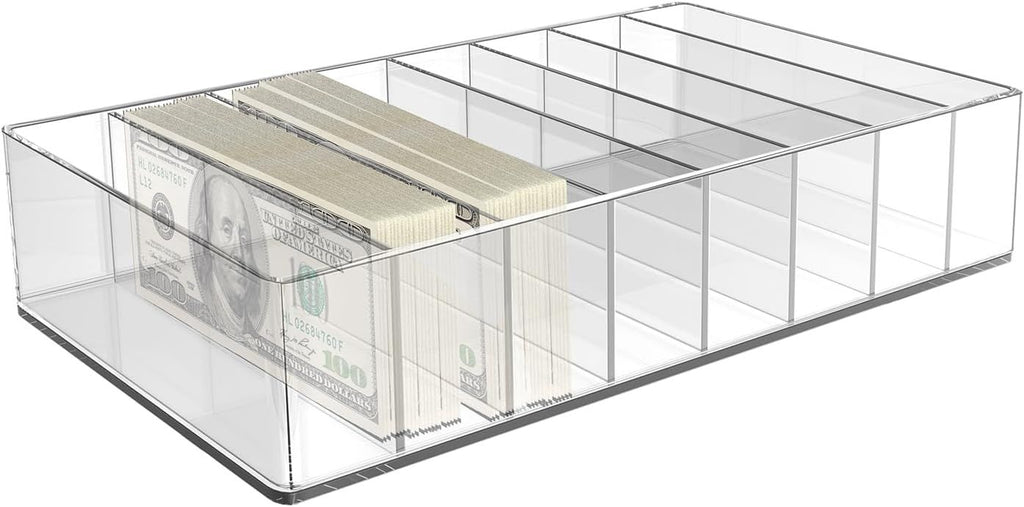 Large Cash Organizer 8 Sections Clear Money Budget Tray Organizer Plastic Divider Bill Storage Holder for Money Budget Envelopes, Palette Makeup, Cables and More