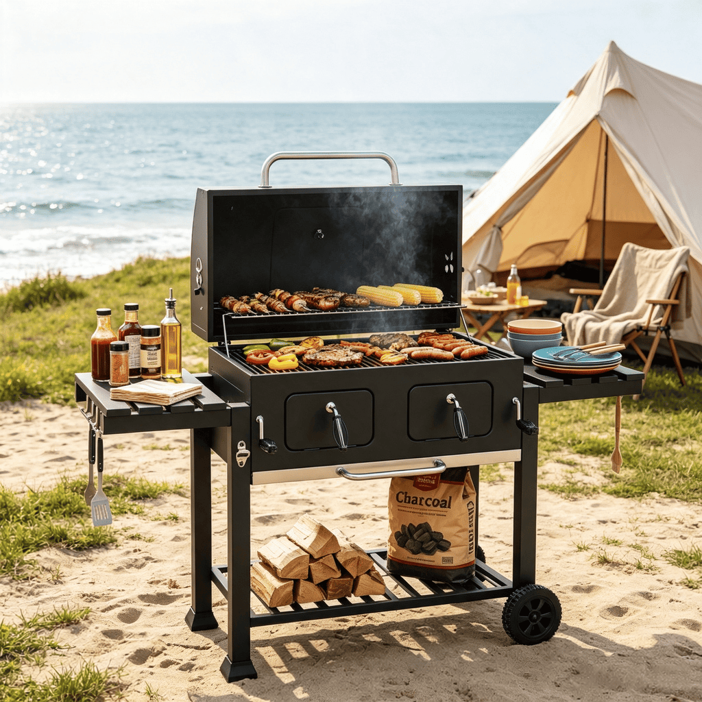 Large Charcoal Grill Portable with Lifting Charcoal Trays Folding Tables And Wheels for Outdoor Cooking BBQ