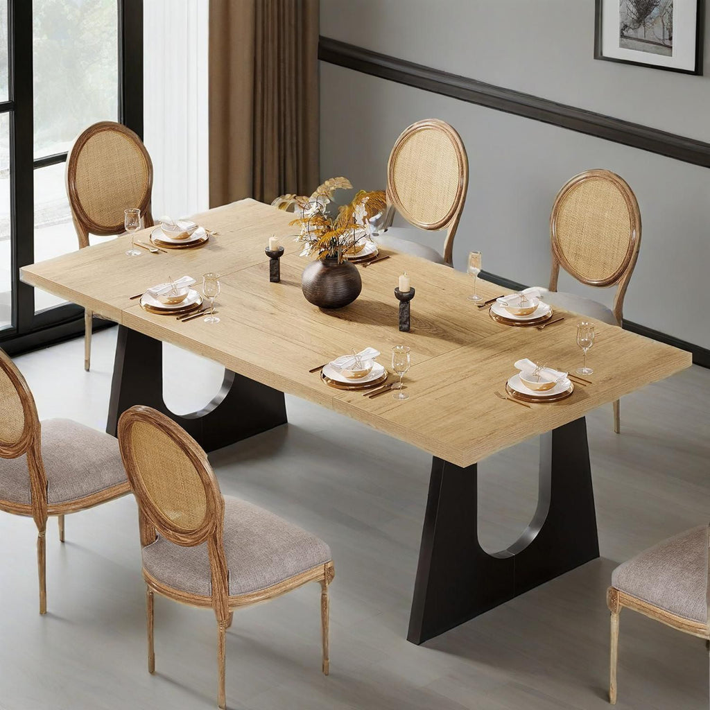 Large Dining Table for 6-8 People, 70.9-Inch Wood Rustic Rectangular Table with Black Wooden Legs, Farmhouse Center Kitchen Table