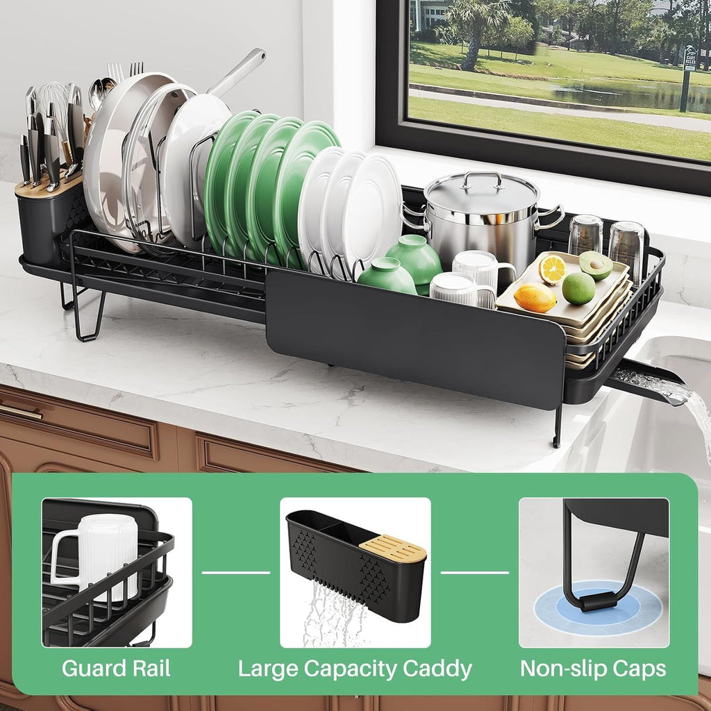 Large Dish Drying Rack - Expandable (19.3" to 29.4") Dish Rack for Kitchen Counter, Stainless Steel Dish Drainer with Utensil Holder, Pan Holder & Pot Lid Holder (Black)