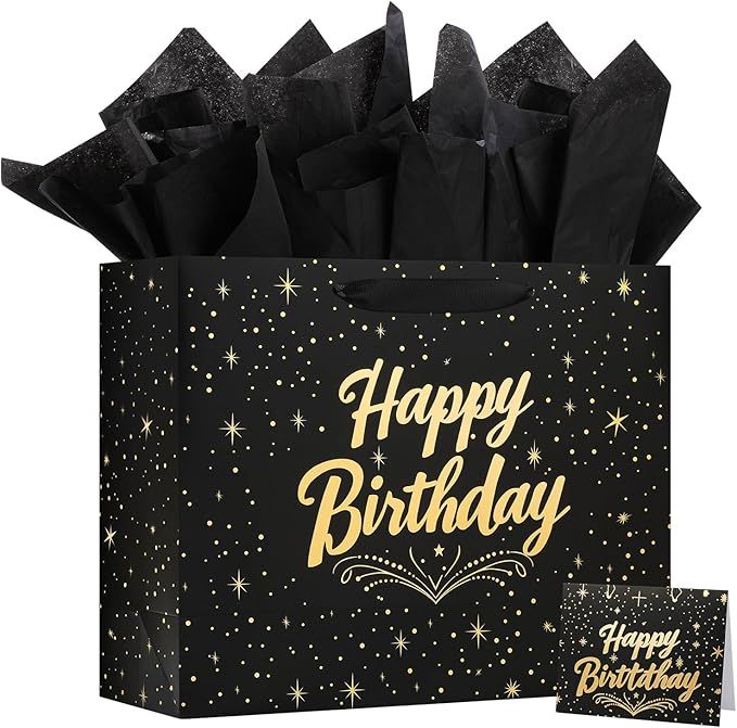 Large Happy Birthday Gift Bag with Tissue Paper and Greeting Card, Black Gift Bag for Men Women Birthday, Party, Medium size(1 PCS Black)