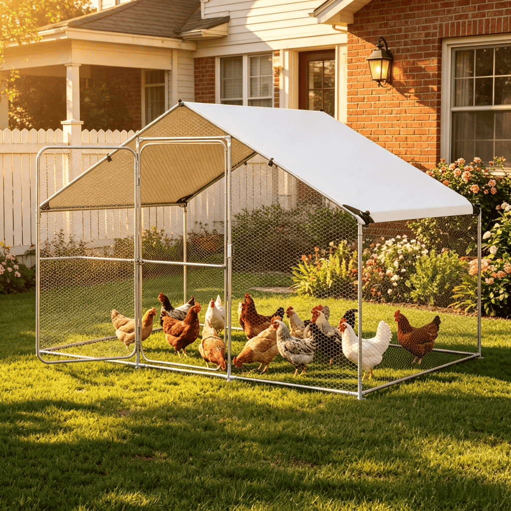 Large Metal Chicken Coop 9.8 X 6.7 Feet with Waterproof Cover for Outdoor Pet Chicken Shelter