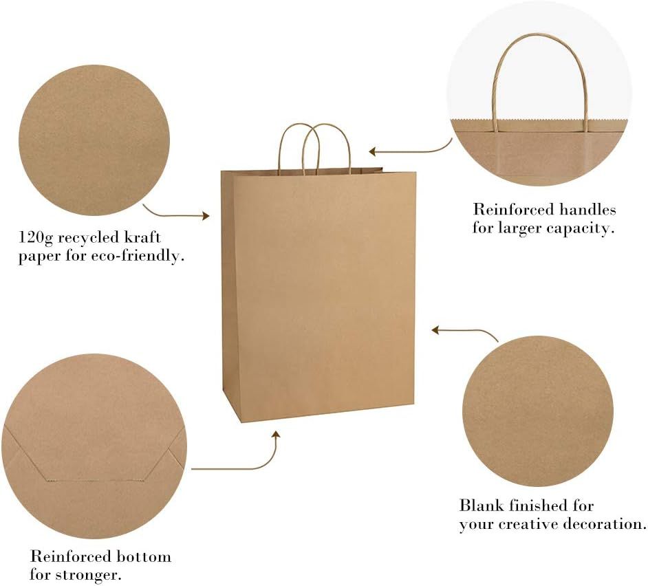 Large Paper Bags 25Pcs 13x7x17 Kraft Brown Gift Bags with Handles for Party Favor, Shopping, Retail, Merchandise, Grocery Recycled Paper Sacks