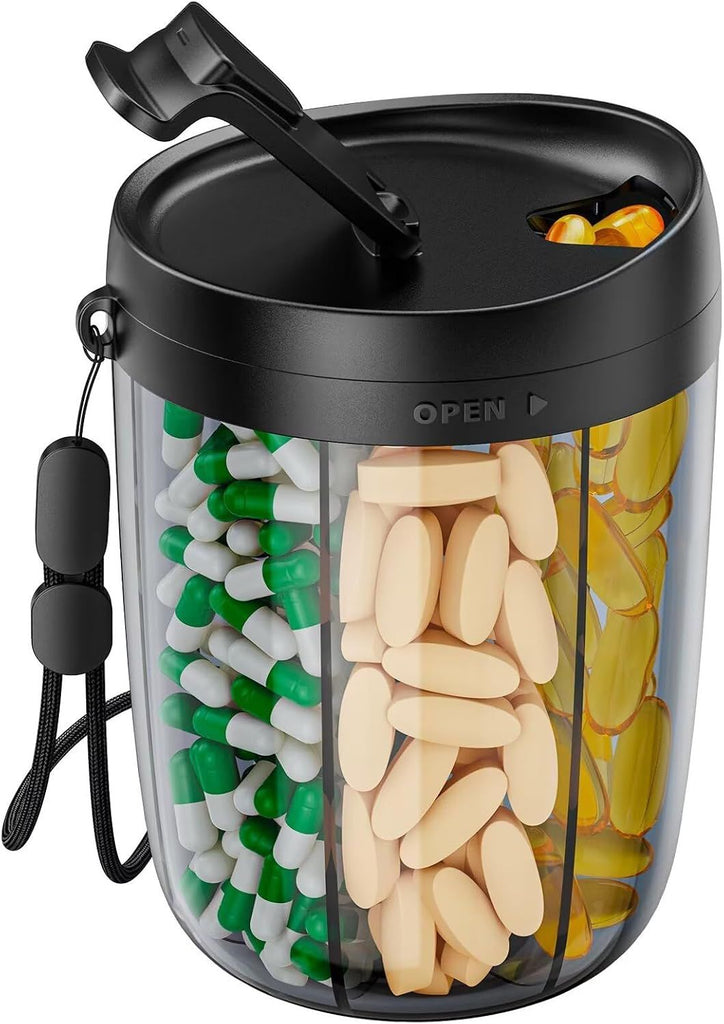 Large Pill Bottle Organizer Anti-Mix Design, 6 Slots, 20 Labels | Supplement Organizer for Holding 6 Various Vitamins without Filling Hassle, Wide Opening Pill Box Case for Easy Retrieval