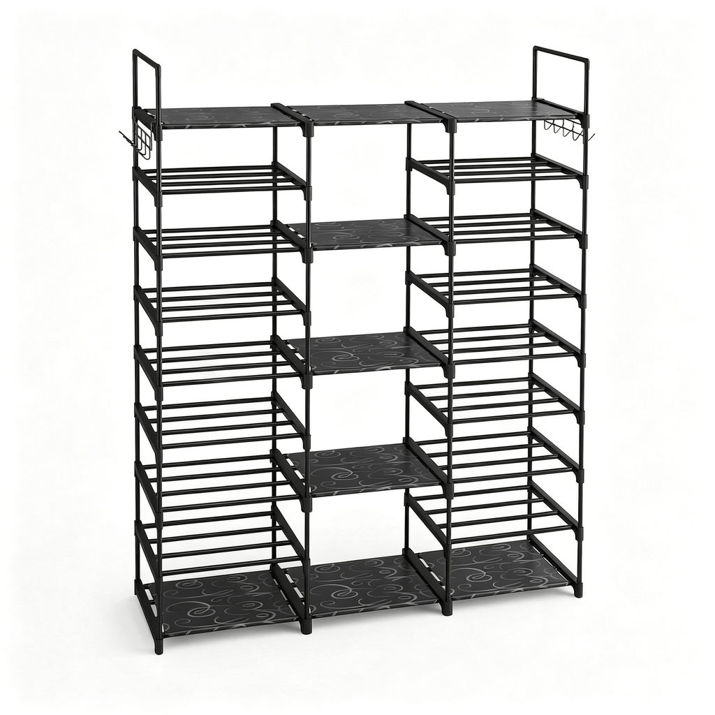 Large Shoe Rack 9 Tier 3 Row, 50-inch Heavy Duty Iron Pipe Shoe Organizer Shelf with 9 PP Liners, Space Saving Closet Shoe Tower for Entryway, Hallway, Garage