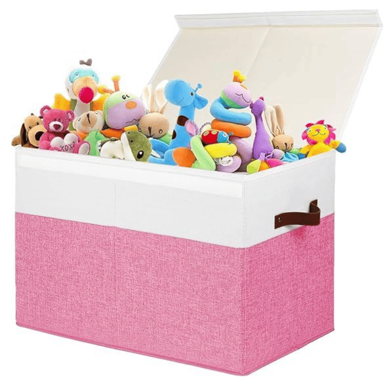 Large Toy Box with Lid, Sturdy Toy Storage Chest Bin Boxes Organizer Basket with Dividers for Toddlers, Kids, Boys, Girls, Nursery, Closet, Bedroom, Playroom 25"x13" x16" (Pink and White)