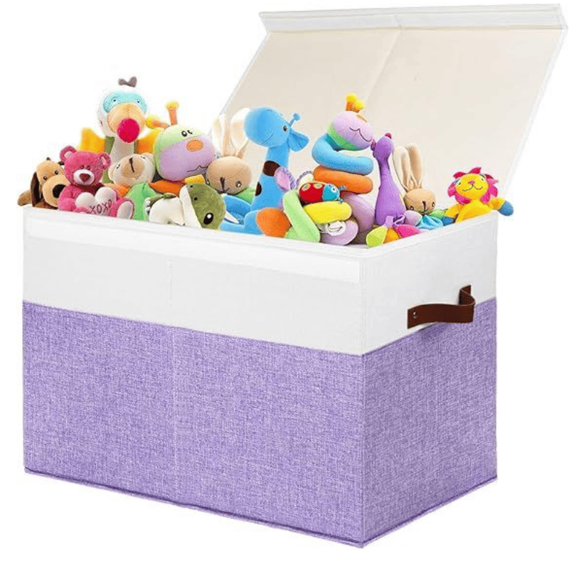 Large Toy Box with Lid, Sturdy Toy Storage Chest Bin Boxes Organizer Basket with Dividers for Toddlers, Kids, Boys, Girls, Nursery, Living Room, Bedroom, Playroom 25"x13" x16" (Purple and White)